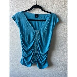 Vtg Y2K Fang Women's Turquoise Ruched V Neck‎ Top Embellished XL Fairycore Siren